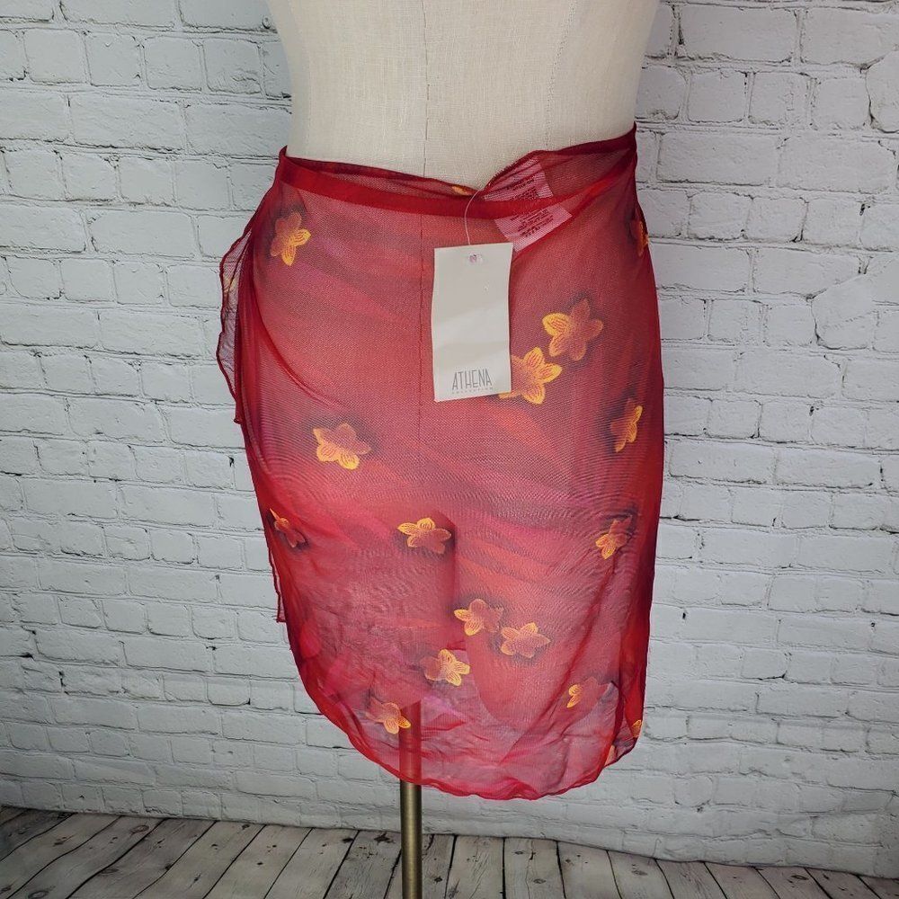 Athena Swimsuit Skirt Cover Up Red Floral Ties Sheer New - Picture 3 of 7